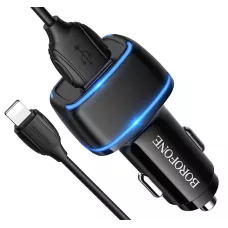 Автомобильное зарядное устройство BOROFONE BZ14 двойной порт черный, с кабелем Lightning 110 1/44/17