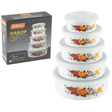 Набор из 5 эмалированных мисок с крышками, FAMILIA,195/340/600/850/1250мл, цвет: бел с дизайном 1/24 Набор из 5 эмалированных мисок с крышками, FAMILIA,195/340/600/850/1250мл, цвет: бел с дизайном 1/24