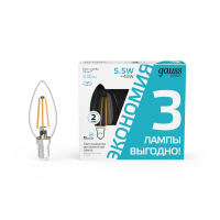 Gauss Лампа светодиодная Basic Filament LED5,5-С35-4100K-Е14 450lm (3 лампы в упак.) 10/20