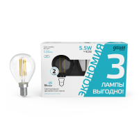 Gauss Лампа светодиодная Basic Filament LED5,5-G45-4100K-Е14 530lm (3 лампы в упак.) 10/20