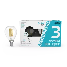 Gauss Лампа светодиодная Basic Filament LED5,5-G45-4100K-Е14 530lm (3 лампы в упак.) 10/20 Gauss Лампа светодиодная Basic Filament LED5,5-G45-4100K-Е14 530lm (3 лампы в упак.) 10/20