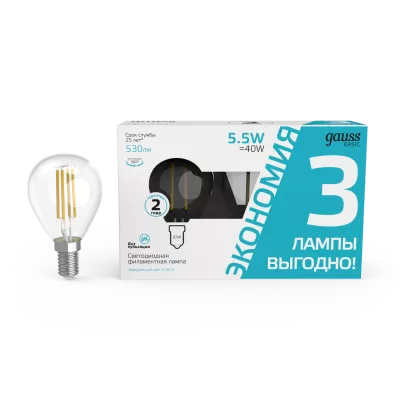 Gauss Лампа светодиодная Basic Filament LED5,5-G45-4100K-Е14 530lm (3 лампы в упак.) 10/20