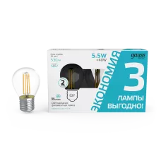 Gauss Лампа светодиодная Basic Filament LED5,5-G45-4100K-Е27 530lm (3 лампы в упак.) 10/20