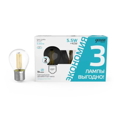 Gauss Лампа светодиодная Basic Filament LED5,5-G45-4100K-Е27 530lm (3 лампы в упак.) 10/20