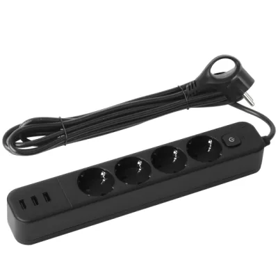 Сетевой фильтр ЭРА USF-4es-1,5m-3xUSBA-B  с ЗК с выключателем 4 розетки+3xUSBA 3,1A 1,5м чер.