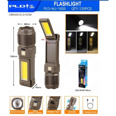 Фонарь ручной аккум. PLD-WJ-1005 COB (доп. бок. свет), ZOOM, type-c, инд. батареи Фонарь ручной аккум. PLD-WJ-1005 COB (доп. бок. свет), ZOOM, type-c, инд. батареи