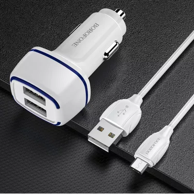 Автомобильное зарядное устройство BOROFONE BZ14 двойной порт белый, с кабелем Micro 110 1/44/176