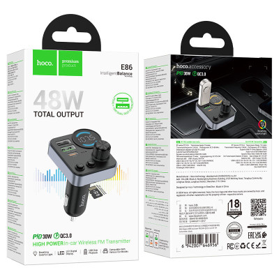 hoco Трансмиттер E86 48W двойной порт PD30W+QC3.0 черный