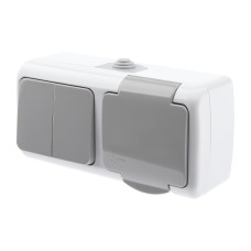 Блок розетка с выкл. двойным Intro Atlantic 5-702-03  2P+E, 10А-250В, открытой уст, IP54, серый 5/60