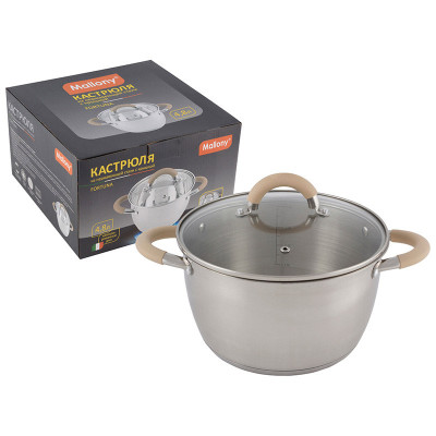 Кастрюля Fortuna, объем 4,5 л, из нерж стали с крышкой, матовый корпус, ручки с силиконом Mallony