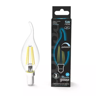 Gauss Лампа светодиодная Filament 5W 450lm 4100К Е14 диммируемая LED 1/10/50