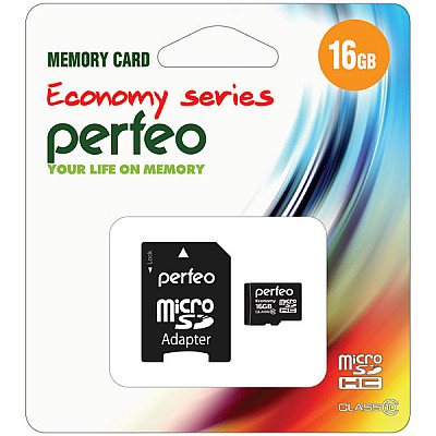 Карта памяти micro SDHC PERFEO 16GB (Class 10) + Adapter ECONOMY  series  10/100