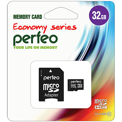 Карта памяти micro SDHC PERFEO 32GB (Class 10) + Adapter ECONOMY  series 10/100