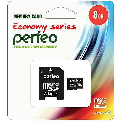Карта памяти micro SDHC PERFEO 8GB (Class 10)+ Adapter ECONOMY  series 10/100