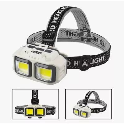 Фонарь налобный  2 COB (Белый+красный) 1*18650, кабель USB-Type-C, влагозащита, датчик движ.