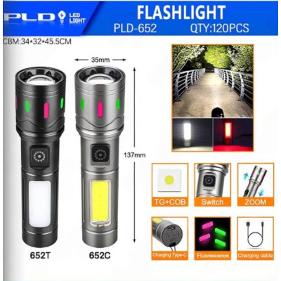 Фонарь ручной аккум. PLD-652 TG+COB, type-c, ZOOM серый