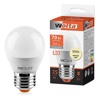 WOLTA Лампа светодиодная G45 7.5Вт 625лм 3000К Е27 1/50