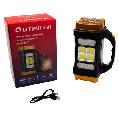 Фонарь Ultraflash LED38100 Прожектор аккум. 76LED+4COB, 4 реж., Type-C, PowerBank черн./охра