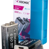 Аккумулятор Космос 650мВтч 2 шт в боксе зарядка от 1-ого USB кабеля 2/12