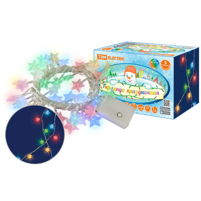 Гирлянда светод."Звездочки" 50LED, 5м, 8 режимов, многоцвет., прозр.шнур, 250 В, TDM 1/36 ЦЕНА▼