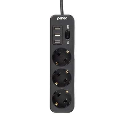 Cетевой фильтр Perfeo "POWER STREAM", 2500W, двойная защита, 2м, 3 розетки, 3 USB, черный Cетевой фильтр Perfeo "POWER STREAM", 2500W, двойная защита, 2м, 3 розетки, 3 USB, черный