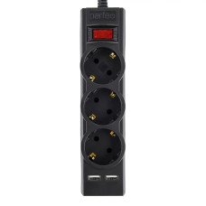 Cетевой фильтр Perfeo "POWER-S", 5,0м, 3 розетки 10А, 2USB, 2500 Вт, двойная защита, черный