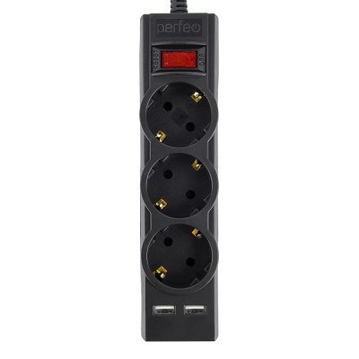Cетевой фильтр Perfeo "POWER-S", 5,0м, 3 розетки 10А, 2USB, 2500 Вт, двойная защита, черный