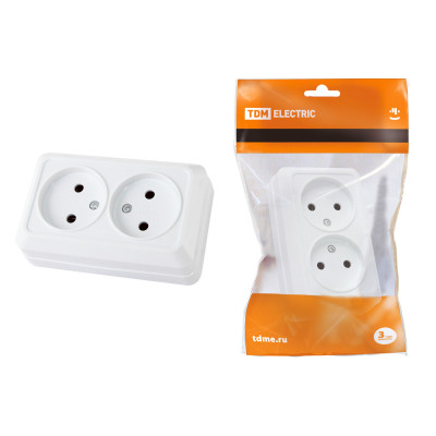 Розетка TDM двойная 2П ОУ IP20 10А 250В (керамика) белая "Ладога" 10/100