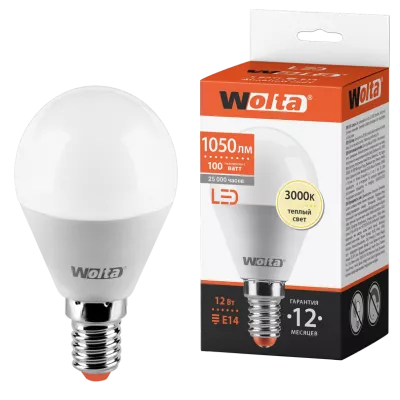 WOLTA Лампа светодиодная G45 12Вт 1050лм 3000К Е14 2/50
