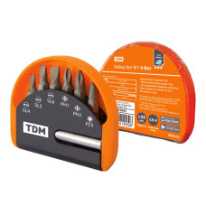 Набор бит №1,  6 бит: SL, PH, PZ, удлинитель CR-V сталь, в пластиковом держателе, «Алмаз» TDM 12/144