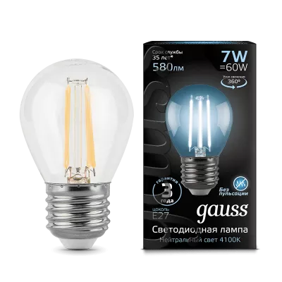Gauss Лампа светодиодная Filamen F-LED7-G45-4100K-E27 580Lm филаментная 10/50