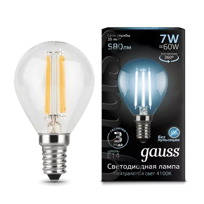 Gauss Лампа светодиодная Filamen F-LED7-G45-4100K-E14 580Lm филаментная 10/50