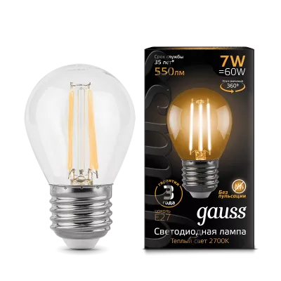 Gauss Лампа светодиодная Filamen F-LED7-G45-2700K-E27 550Lm филаментная 10/50