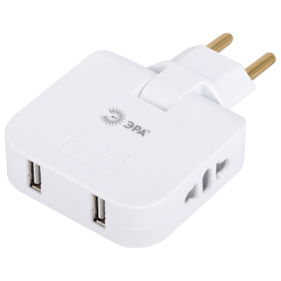Разветвитель ЭРА SPF-2-FL-USB поворотный на 2 розетки + 2USB 10А белый