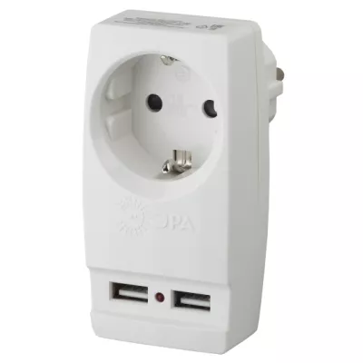 Разветвитель ЭРА SP-1e-USB-W на 1 розетку + 2 USB с заземлением 16А белый