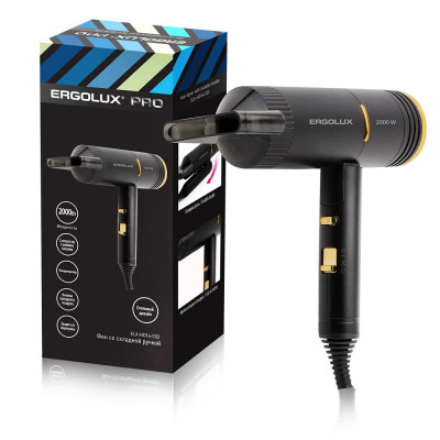 Фен со складной ручкой ELX-HD14-C02 черный/золото PRO (2000 Вт, 220-240В) ERGOLUX