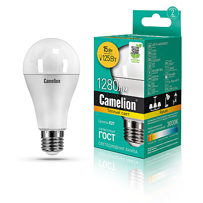Camelion Лампа светодиодная LEDRB/15 A60 15Вт Е27 3000К 10/100