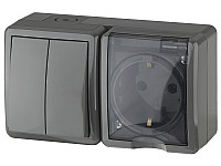 11-7402-03 ЭРА Блок розетка+выключатель двойной IP54, 16A(10AX)-250В, ОУ, Эра Эксперт, серый 8/80