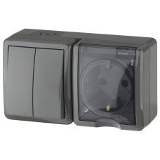 Блок розетка+выключатель двойной IP54, 16A(10AX)-250В, ОУ, Эра Эксперт, 11-7402-03 ЭРА серый 8/80