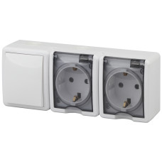 Блок две розетки+выключатель IP54, 16A(10AX)-250В, ОУ, Эра Эксперт,11-7403-01 ЭРА  белый 5/50